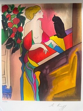 Linda Le Kinff Limited Edition Print.  Woman with Cat. Hand signed. Numbered.